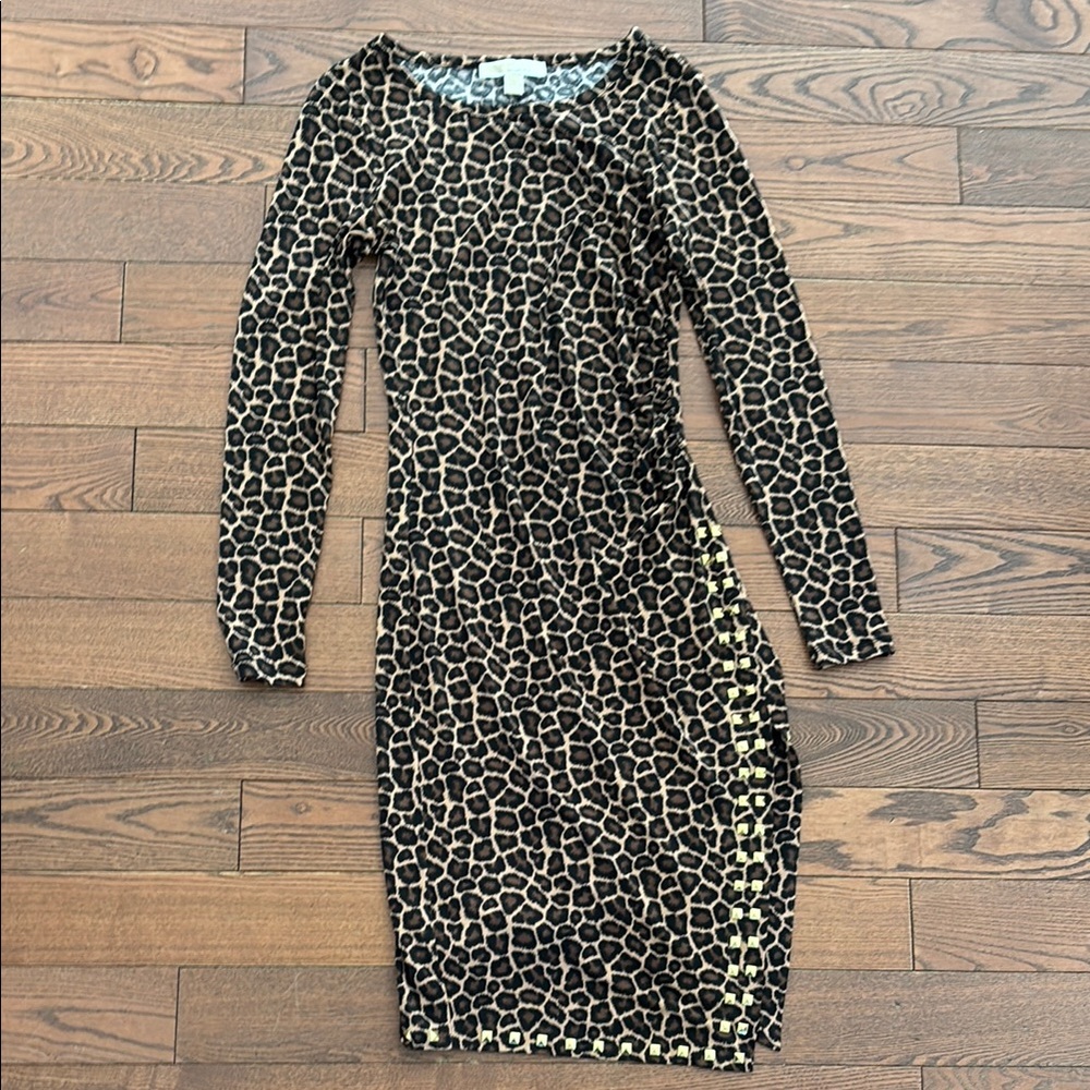 Michael Kors Black and Tan Animal Print Long Sleeve Dress